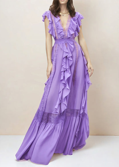 Purple V Neck Ruffled Lace Patchwork Silk Ankle Dress Summer