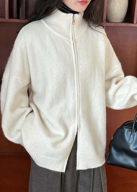 Apricot Stand Collar Zippered Cotton Knit Cardigans Fall