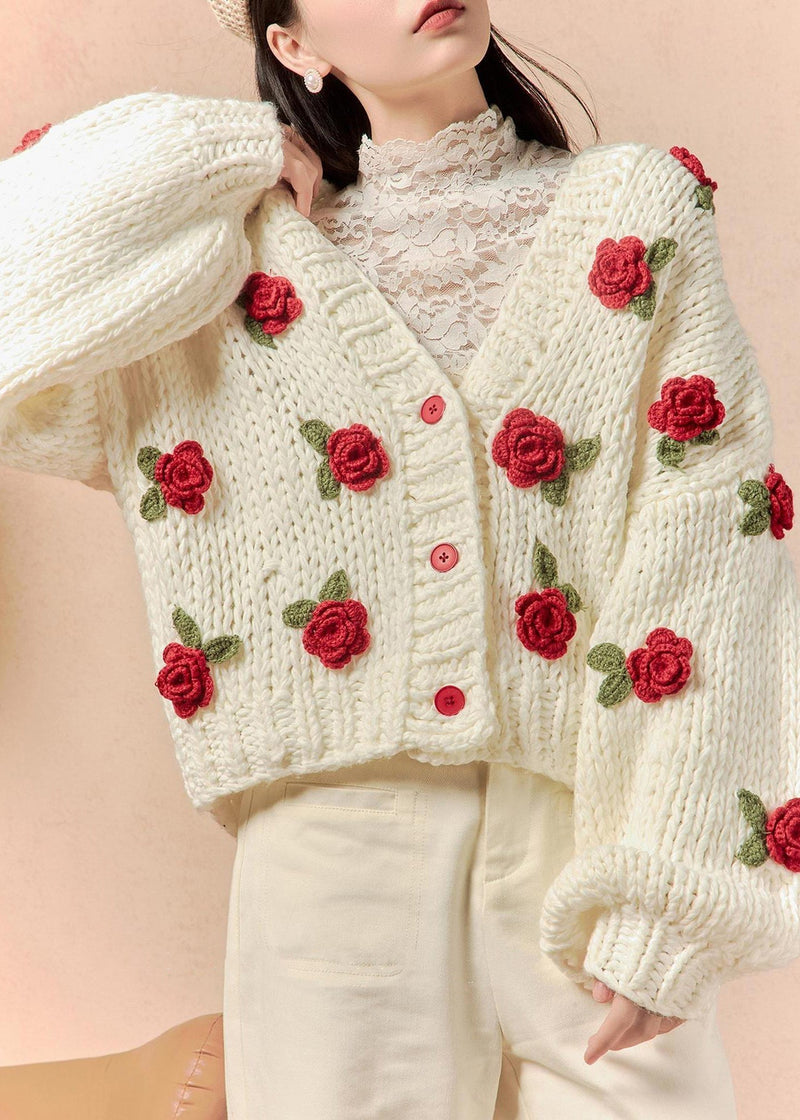 White V Neck Hollow Out Cotton Knit Cardigans Spring