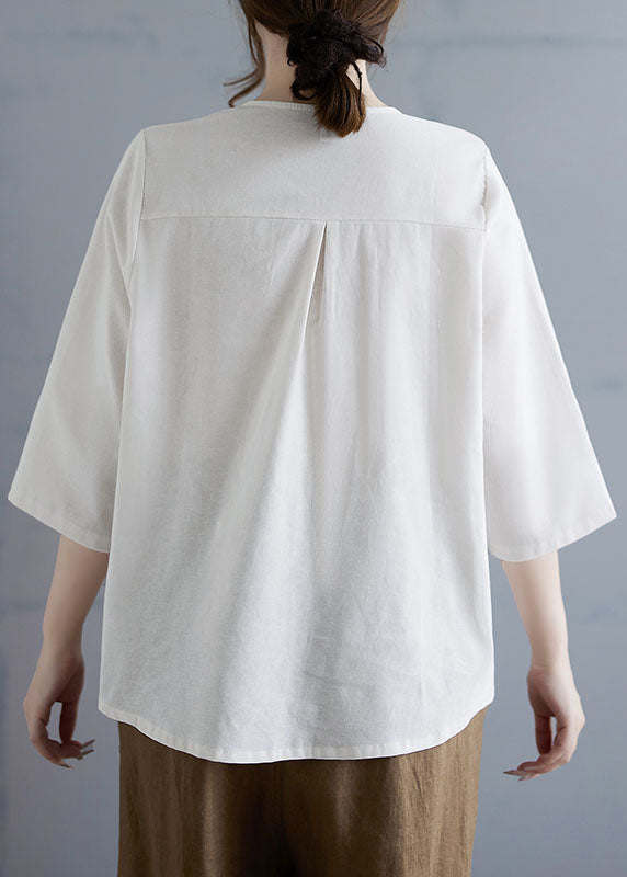 Linen Color O Neck Button Cotton Top Bracelet Sleeve