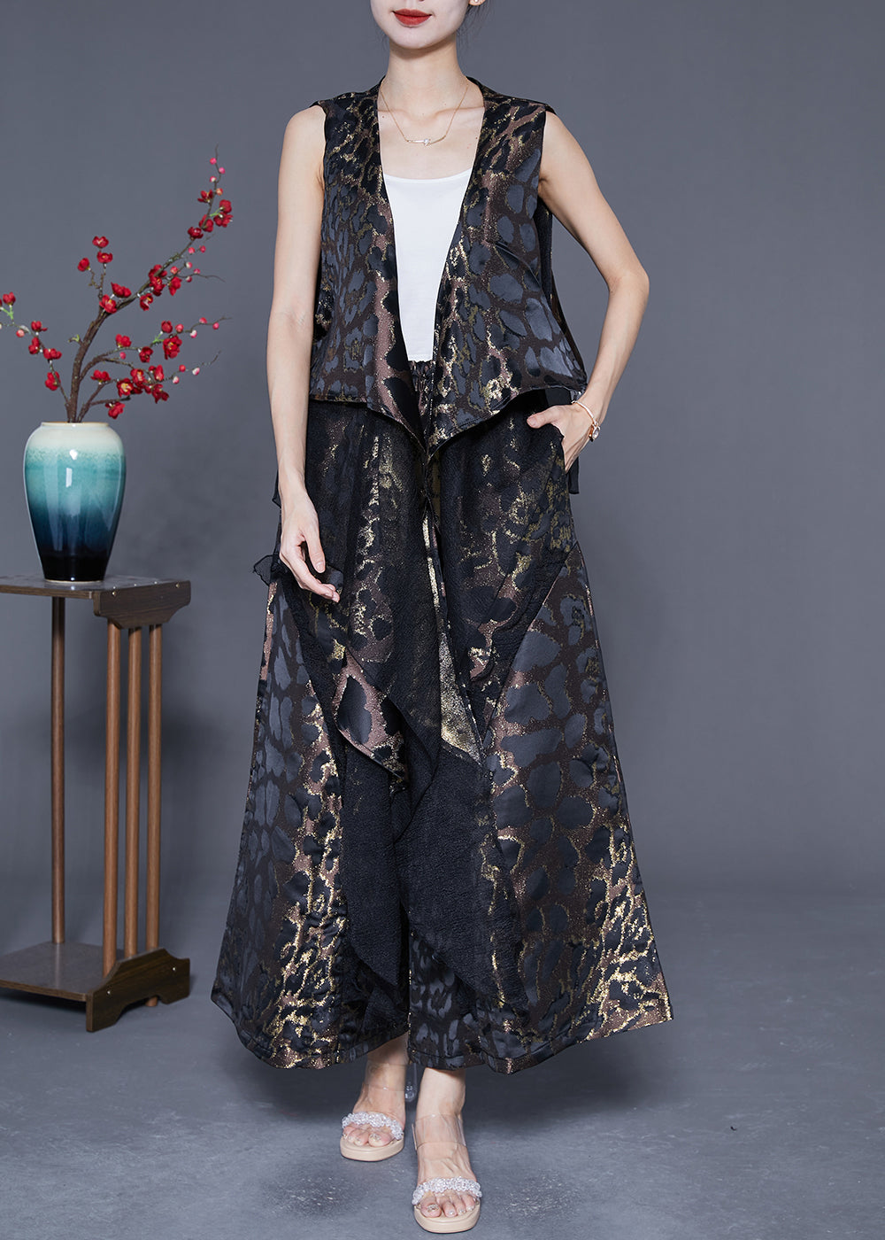 Black Patchwork Silk Two-piece Set Oversized Leopard Print Summer