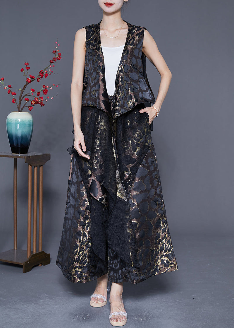 Black Patchwork Silk Two-piece Set Oversized Leopard Print Summer