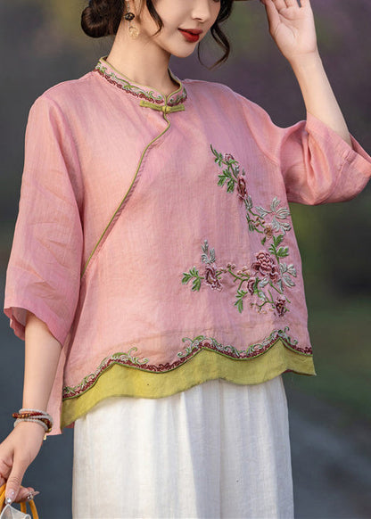 Pink Embroidered Button Linen Shirt Bracelet Sleeve