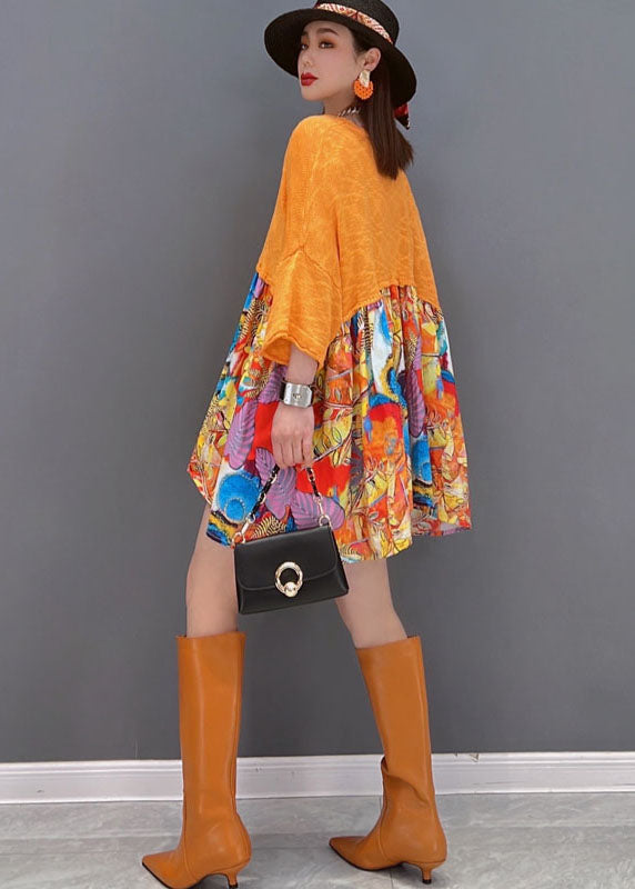 Modern Orange O-neck Patchwork Print Loose Mid Dress Bracelet Sleeve