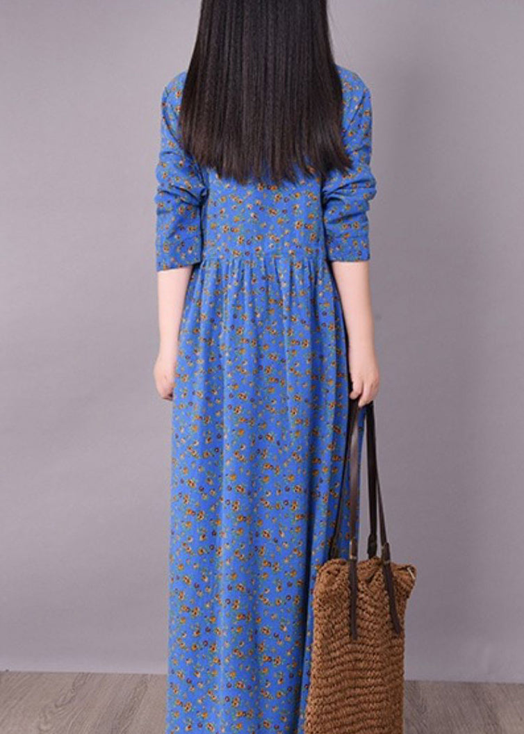 Blue O-neck Wrinkled Print Linen Dress Long Sleeve