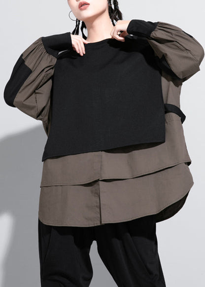 Handmade Army Green O-neck Patchwork Fake Two Pieces Shirt Spring