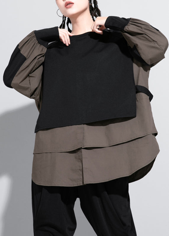 Handmade Army Green O-neck Patchwork Fake Two Pieces Shirt Spring