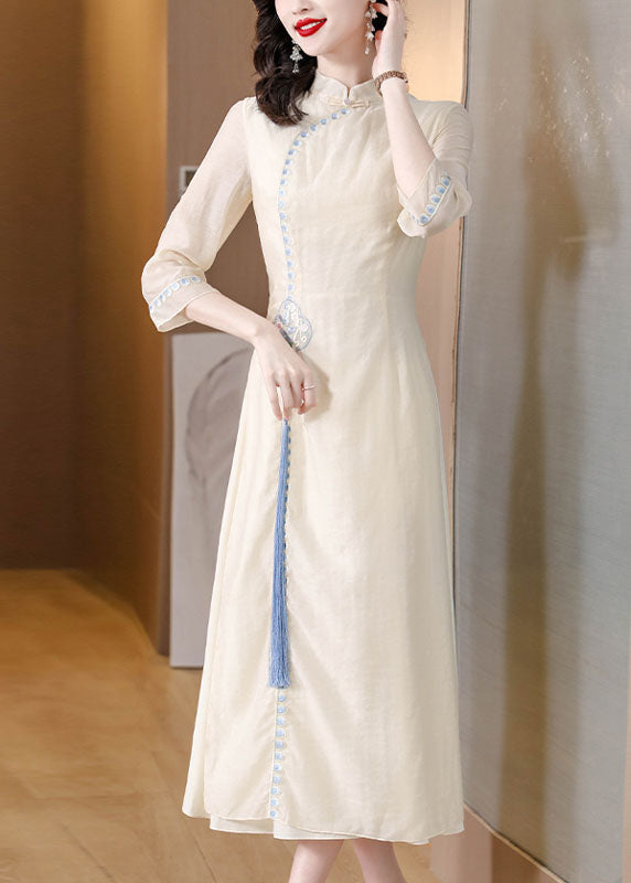 Stylish Apricot Stand Collar Embroideried Tassel Silk Long Dresses Spring