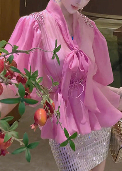 Pink Bow Drawstring Tulle Shirt Puff Sleeve