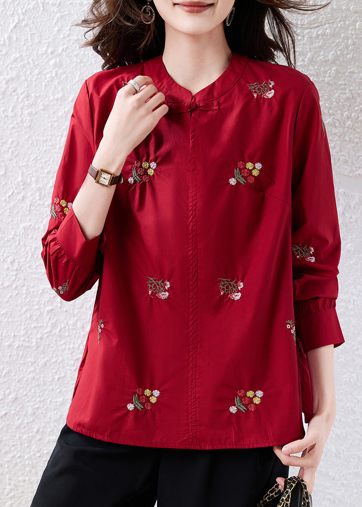 Black Embroidered Chinese Button Cotton Shirt Top Fall