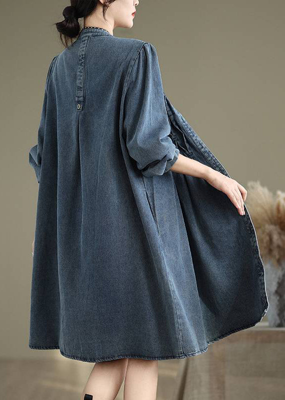 Blue Stand Collar Button Long Dress Lantern Sleeve