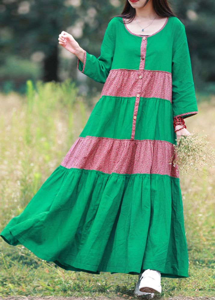 Green O-neck Button Patchwork Vacation Dresses Long Sleeve