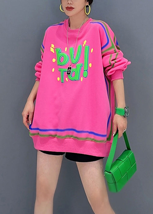 Pink O Neck Letter Printing Patchwork Cotton Sweatshirt Fall