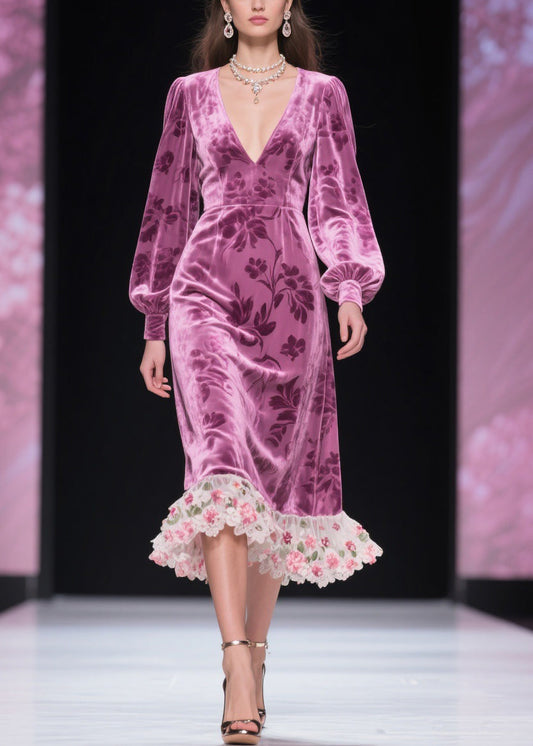 Purple Tulle Patchwork Silk Velvet Dress V Neck Spring