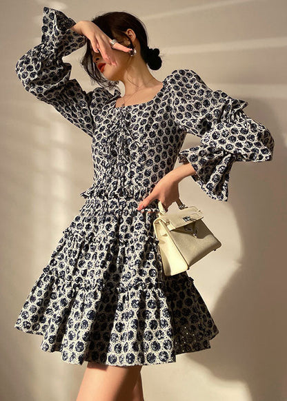 Black Print Cotton Pleated Dress Two Piece Set Clothing Lace Up Long Sleeve