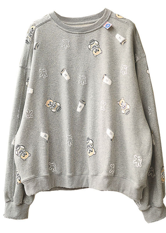 Grey Loose O-neck Print Fall Pullover Street Wear