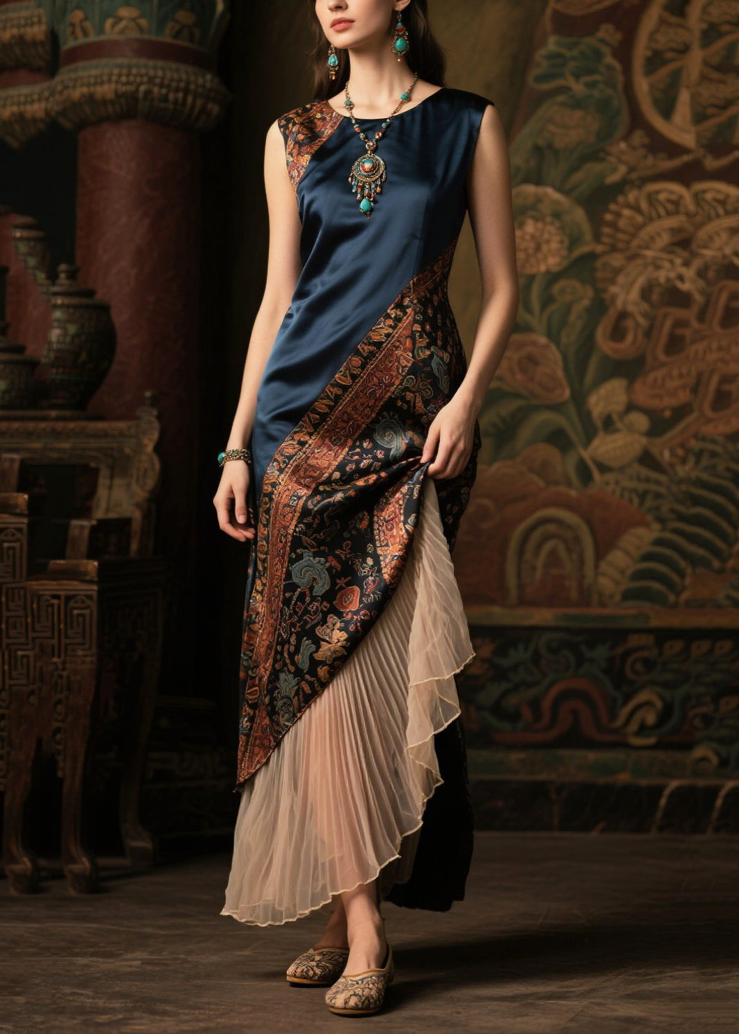 Diy Navy Asymmetrical Patchwork Silk Fake Two Piece Dresses Sleeveless Summer
