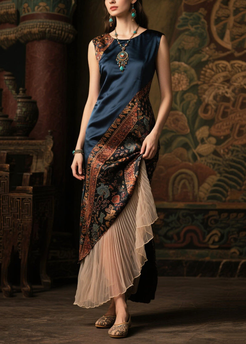 Diy Navy Asymmetrical Patchwork Silk Fake Two Piece Dresses Sleeveless Summer