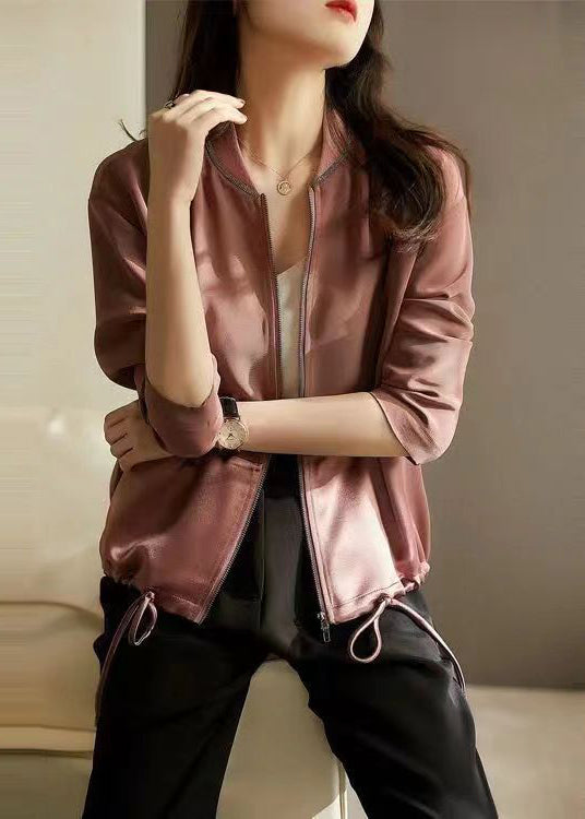 Purple Pink Zip Up Patchwork Drawstring Cotton Jacket Fall