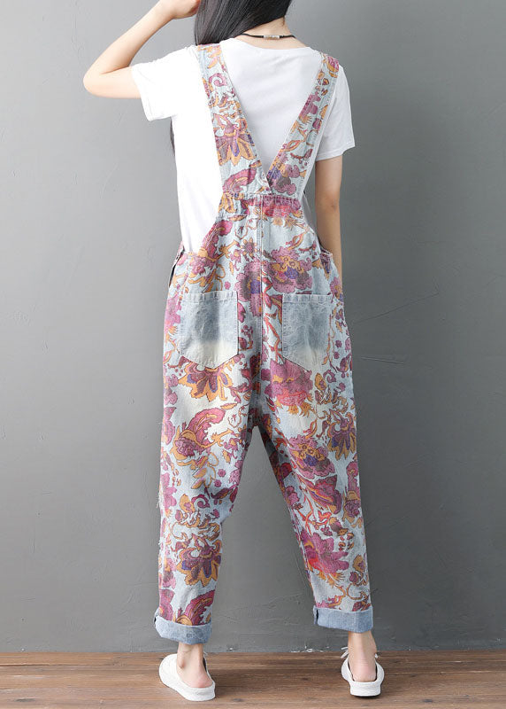 Modern Pockets Print Ripped Denim Jumpsuit Spring