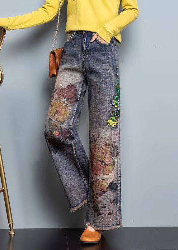 Diy Blue High Waist Embroideried Pockets Print Cotton Denim Straight Pants Fall