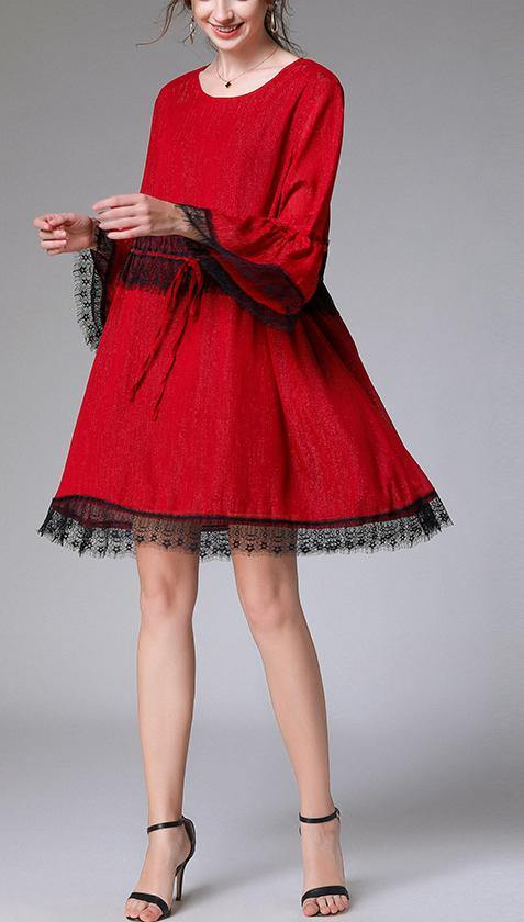 Handmade Red Patchwork Chiffon Flare Sleeve Summer Mini Dresses
