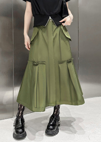 New Army Green Pockets High Waist Patchwork Cotton a Line Skirts Fall