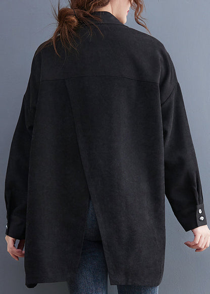 Black Asymmetrical Patchwork Cotton Blouses Fall
