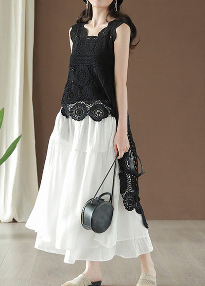 Black Asymmetrical Hollow Out Low High Design Cotton Top Summer