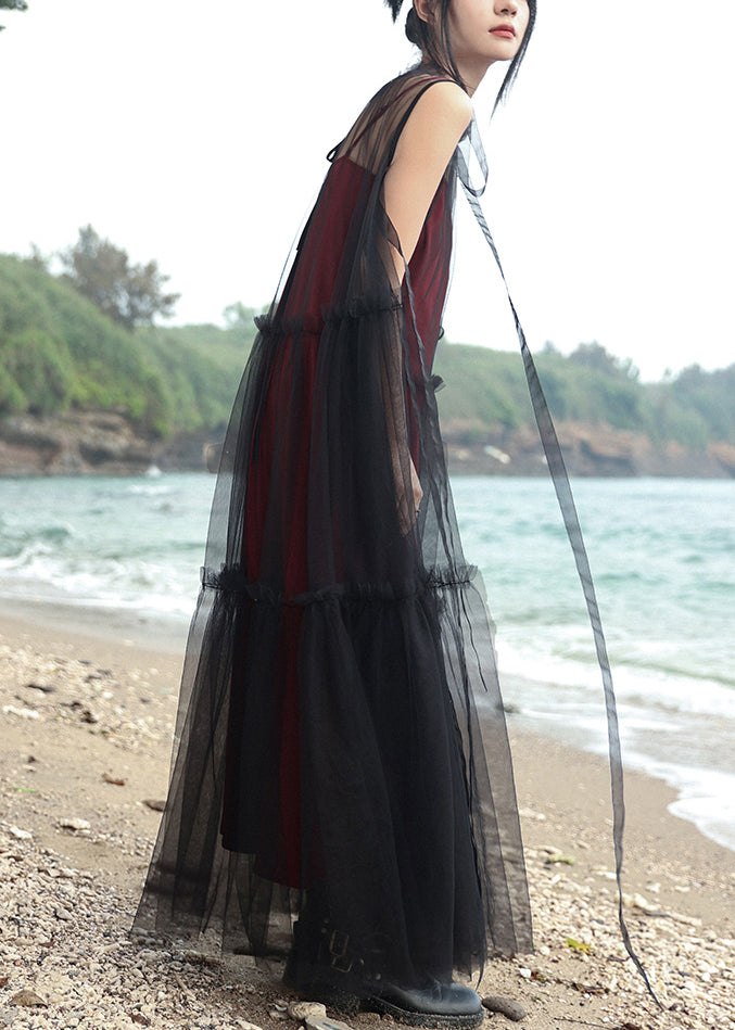 Black Stand Collar Tie Waist Tulle Dress Two Pieces Set Summer