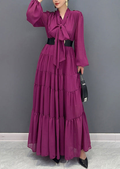 Purple V Neck Patchwork Party Chiffon Long Dress Fall