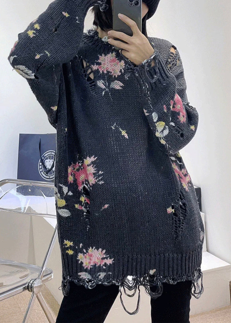 Dark Gray Hole Patchwork Knit Sweaters Top Fall