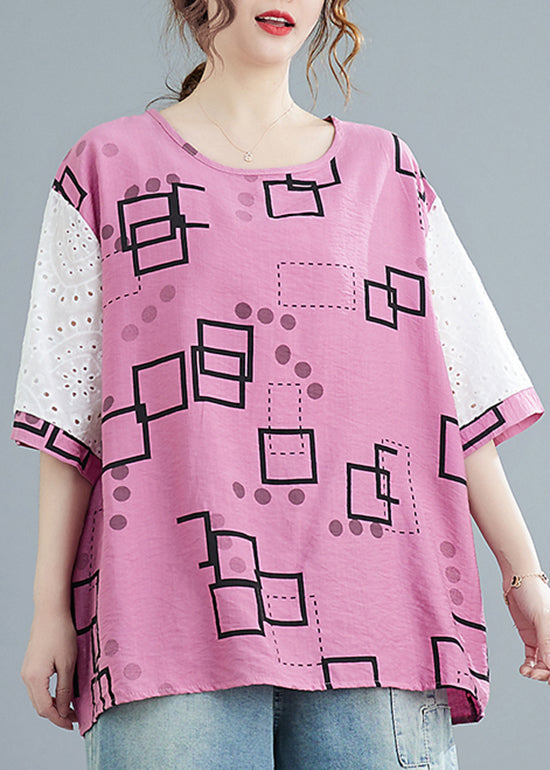 Modern Pink O-neck Hollow Out Print Patchwork Tank Tops Short Sleeve