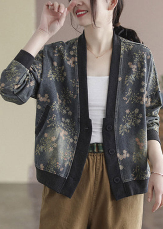 Grey V Neck Print Cotton Denim Coats Spring