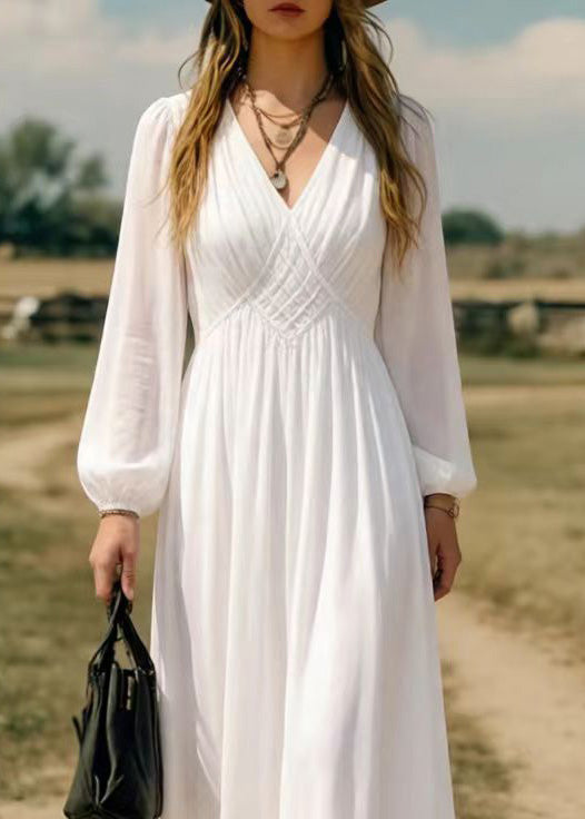 Simple White V Neck Chiffon Long Dress Spring