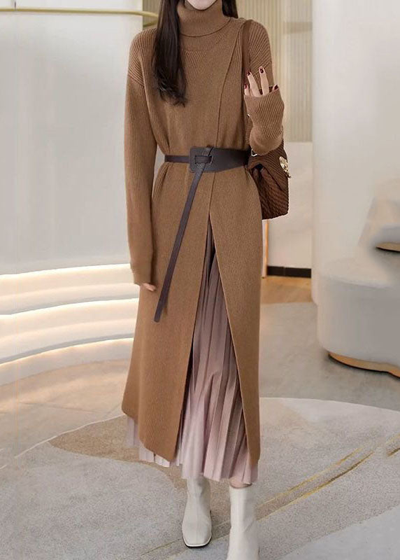Khaki Hign Neck Patchwork Front Side Open Knit Knit Dress Winter