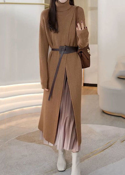 Khaki Hign Neck Patchwork Front Side Open Knit Knit Dress Winter