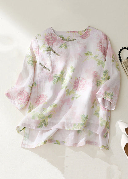Pink O Neck Button Print Linen Shirts Bracelet Sleeve