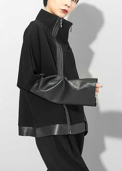 Simple Black Stand Collar Zippered Pu Patchwork Fall Long Sleeve Coat