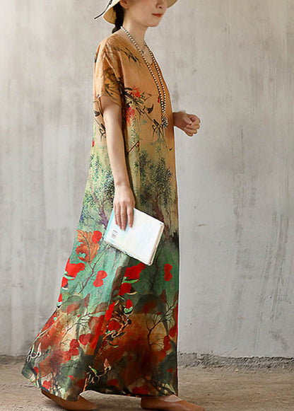 V Neck Print Linen Long Dress Short Sleeve