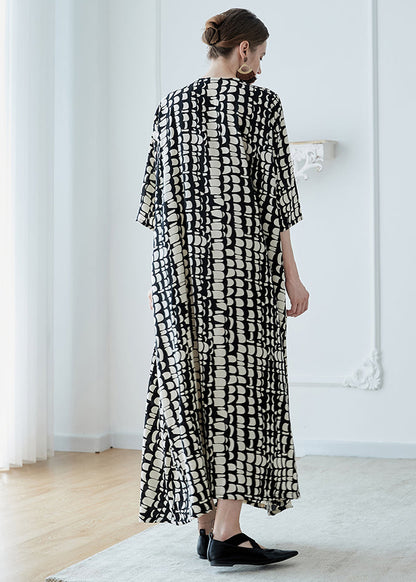 Black V Neck Print Pockets Chiffon Robe Dresses Summer