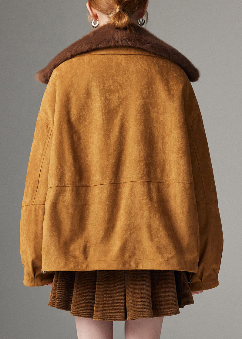 Chocolate Pockets Detachable Leather and Fur Winter Coats Peter Pan Collar