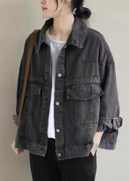 Black Button Pockets Denim Coat Long Sleeve