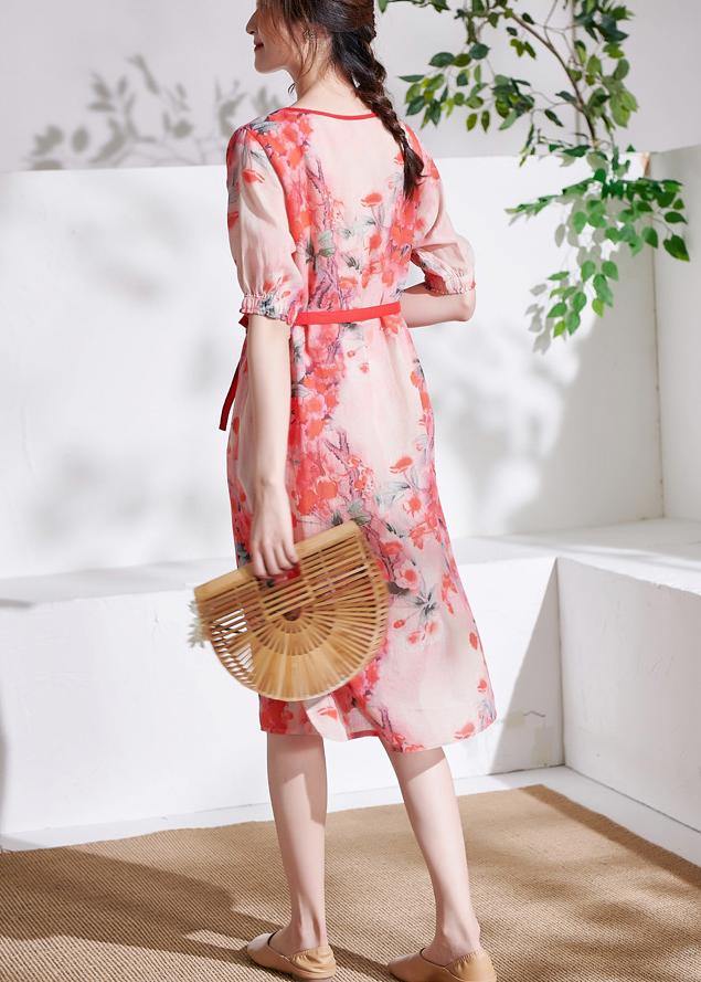 Red Tie Waist Patchwork Print Summer Ramie Dresses Short Sleeve