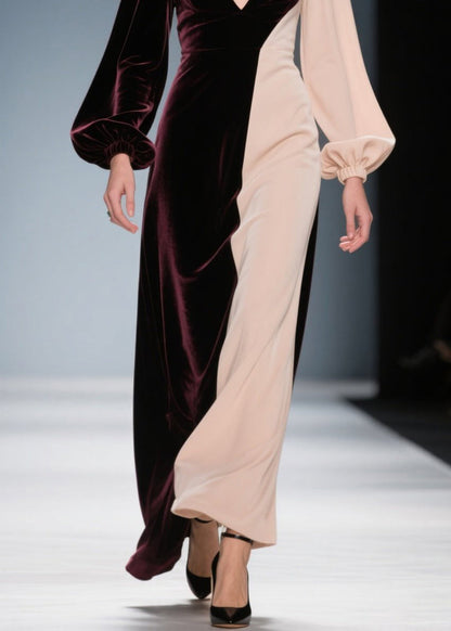 Colorblock V Neck Patchwork Velvet Long Dress Fall