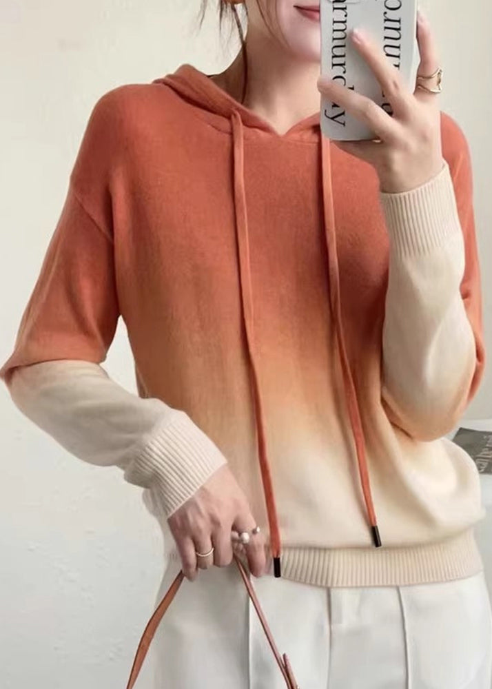 New Blue Gradient Color Hooded Patchwork Wool Knit Sweaters Fall