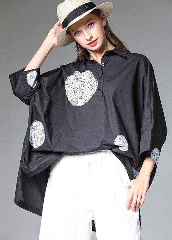Black Peterpan Collar Button Fall Cotton Shirt Half Sleeve