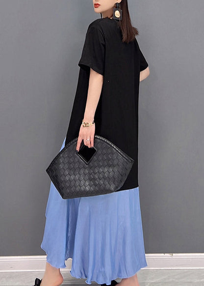 Blue O-neck Asymmetric Patchwork Dress Short Sleeve