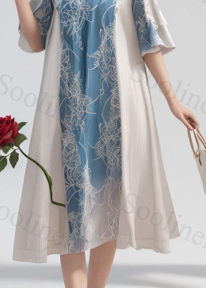 Colorblock O Neck Print Silk Long Dress Summer