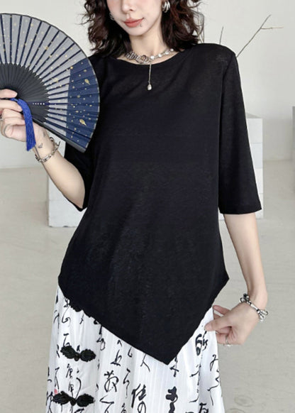 Black O-neck Asymmetrical Patchwork Cotton T Shirt Half Sleeve